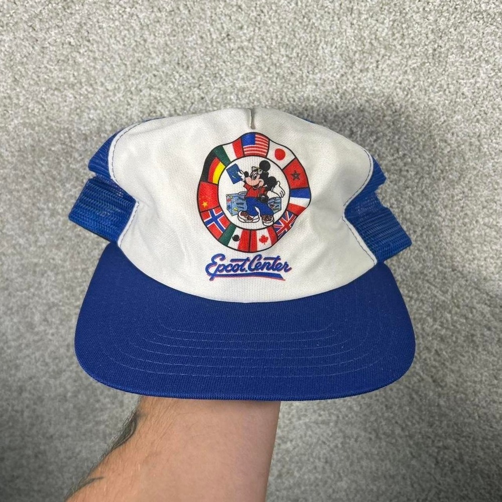 Vintage 80s Disney Epcot center blue and white mesh trucker SnapBack hat cap